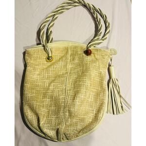 Brio! Italian cream gray tan leather bag w/ braided handle & tassle woven boho